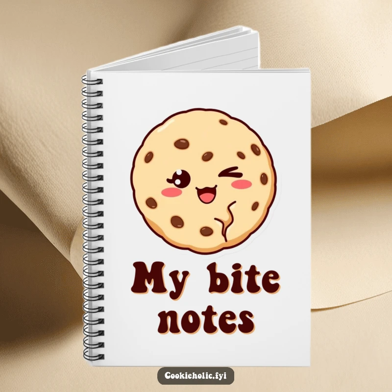 Funny notebook showcasing a cookie with a bite taken out, giving a charming wink, for all your notes.