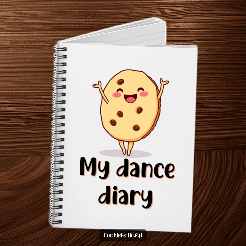 Funny cookie notebook showing a smiling cookie in a ballet pose, ideal for jotting down graceful thoughts.