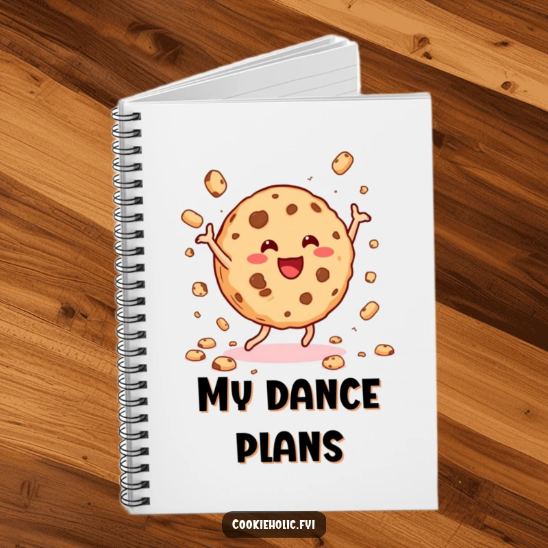 Funny cookie dance notebook featuring a happy cookie dancing energetically and scattering crumbs, perfect for capturing ideas.