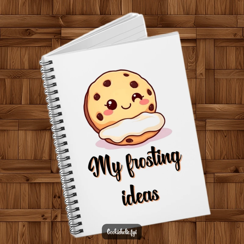 Funny cookie frosting notebook featuring a happy cookie with a grin dunking into a pool of frosting.
