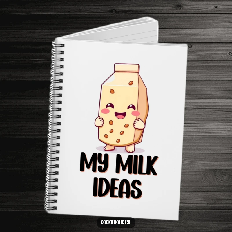 Funny notebook showcasing a cookie with a huge smile hugging a milk carton, great for notes.