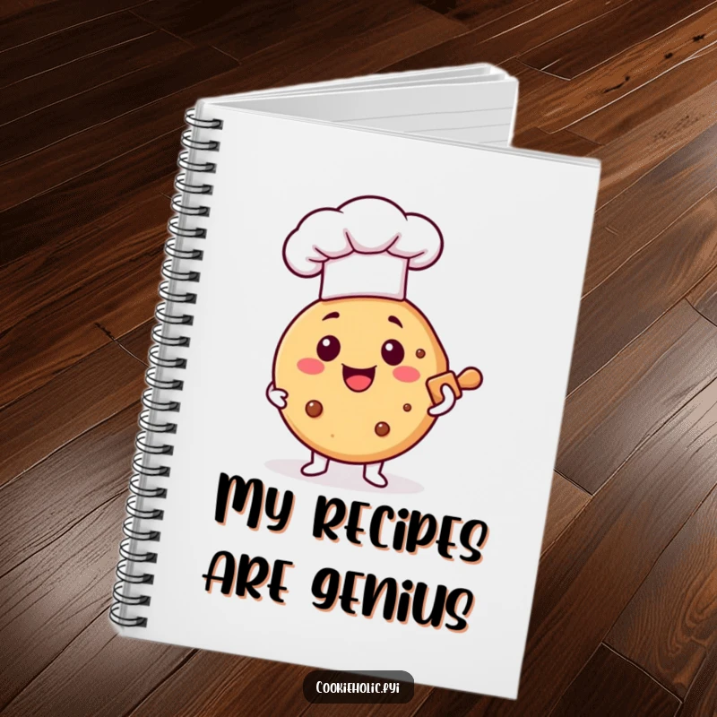 Funny notebook with a happy cookie chef, inspiring creative recipe writing, perfect for passionate bakers.