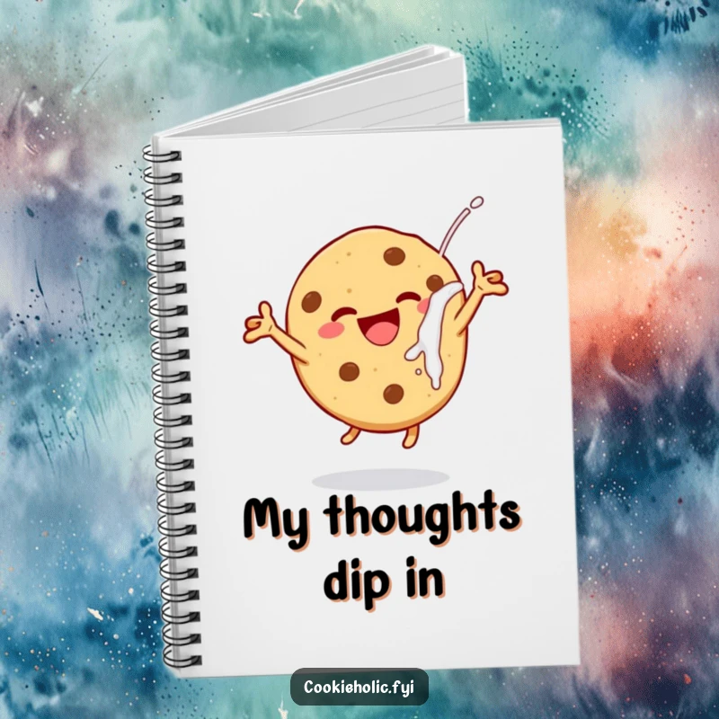 Funny cheerful cookie notebook, perfect for journaling or note-taking with a humorous and adorable milk-dunking design.