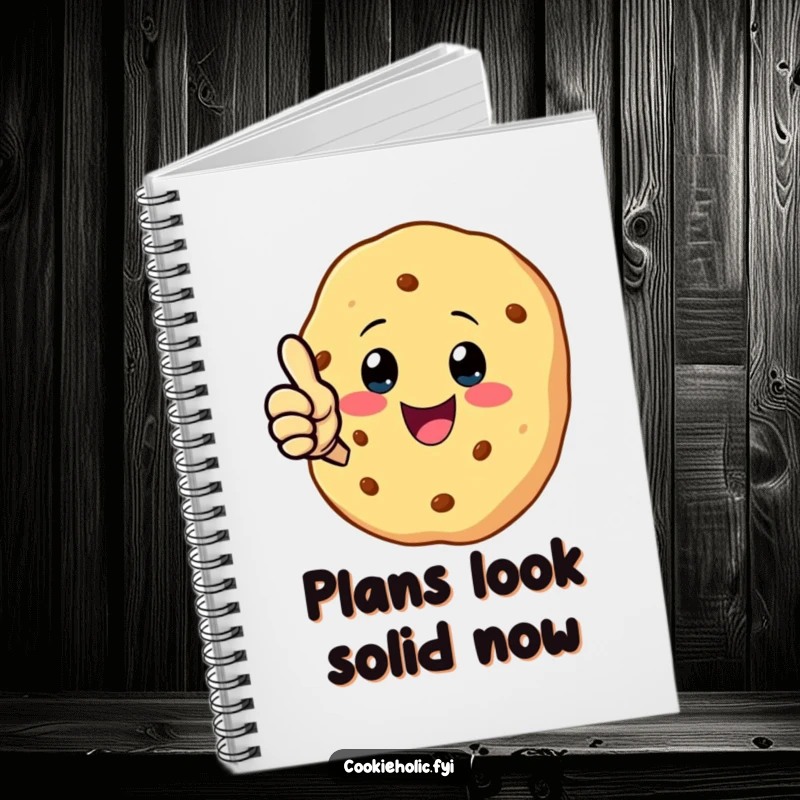 Funny notebook cover with a kawaii cookie character giving a positive thumbs-up, encouraging great ideas.