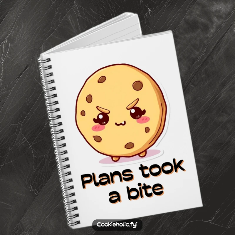 Funny notebook cover with a kawaii cookie character sporting a bite mark and a mischievous expression, inspiring clever ideas.