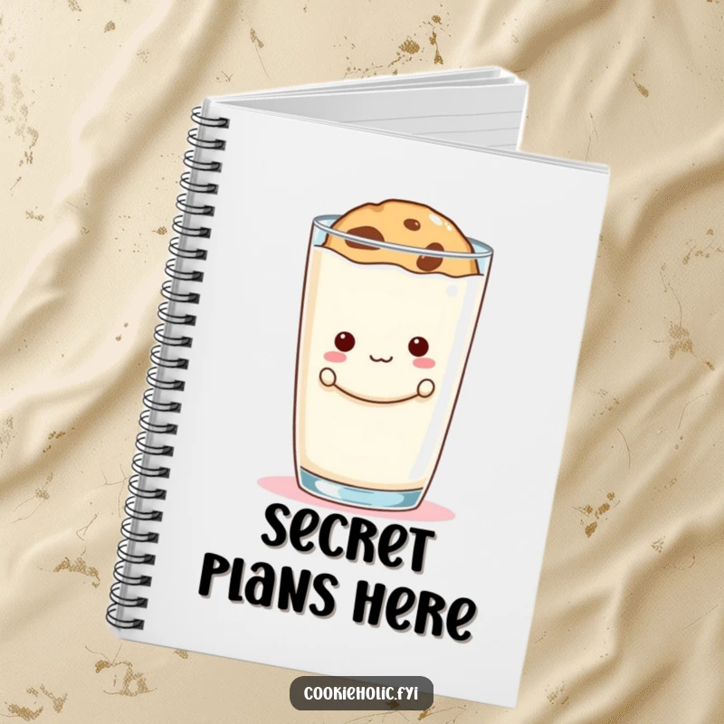 Funny cookie peek notebook featuring a mischievous cookie hiding behind a large milk glass, perfect for notes.