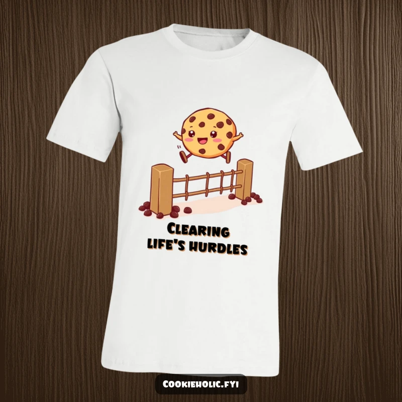 Funny T-Shirt: A cookie performing an impressive leap over a fence made from chocolate chips, embodying playful energy.