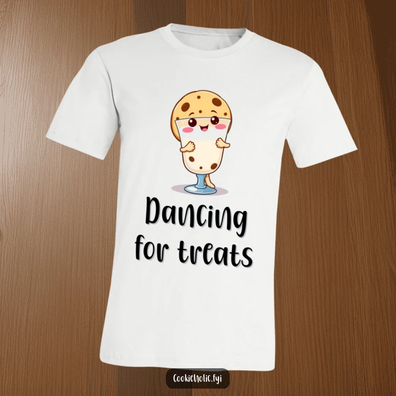 Funny happy kawaii cookie character dancing merrily around milk, vibrant and funny gift t-shirt for cookie fans.