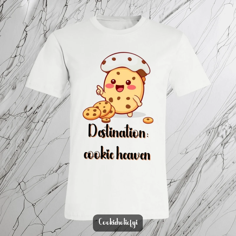 Funny Kawaii cookie character gleefully pointing at a huge cookie jar, ideal for a funny t-shirt gift.