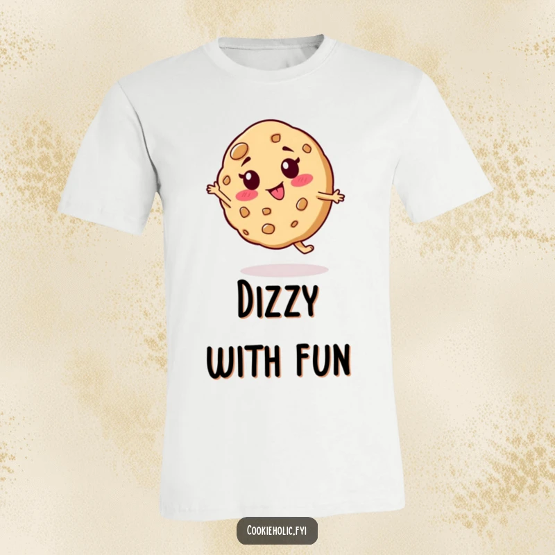 Funny t-shirt featuring a cookie character with a goofy expression, captured mid-spin in a hilarious and energetic pose.