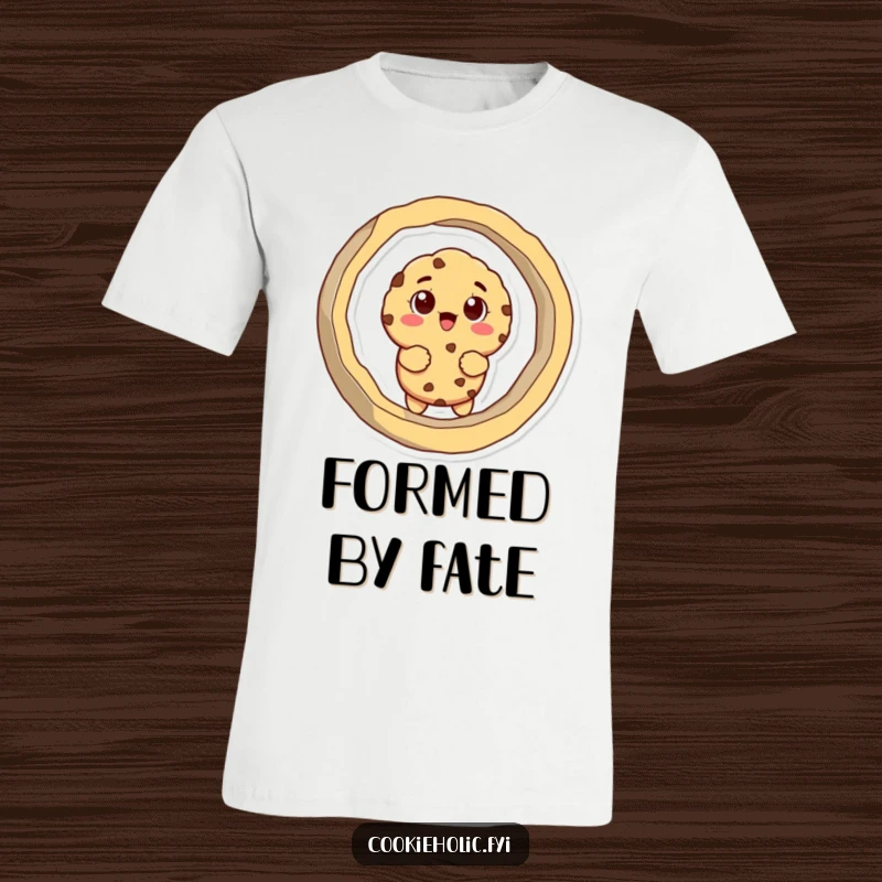 Funny t-shirt featuring a cookie character hilariously stuck in a giant cookie cutter, expressing surprise and amusement.