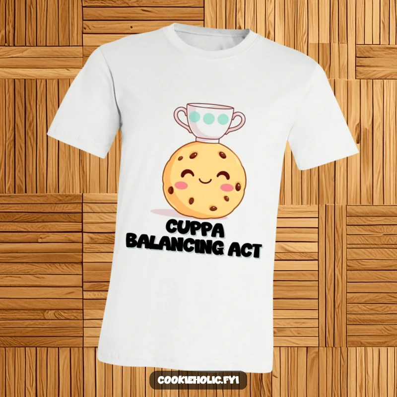 Funny cookie t-shirt, a happy cookie balancing a delicate teacup on its frosting smile, showing off its skills.