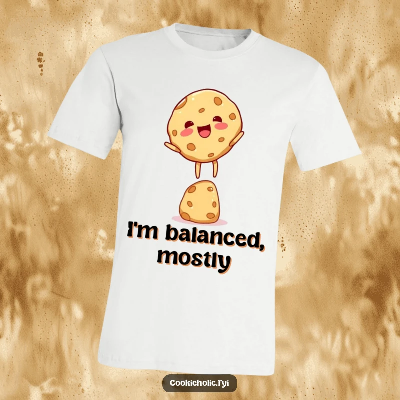 Funny cookie character t-shirt, captured mid-balance with a delighted expression, showcasing a playful and sweet personality.