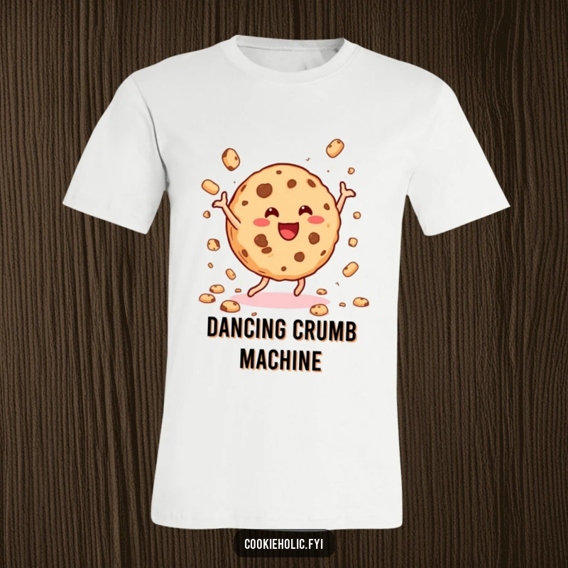 Funny cookie dance t-shirt featuring a jubilant cookie performing a lively dance and scattering crumbs with happiness.