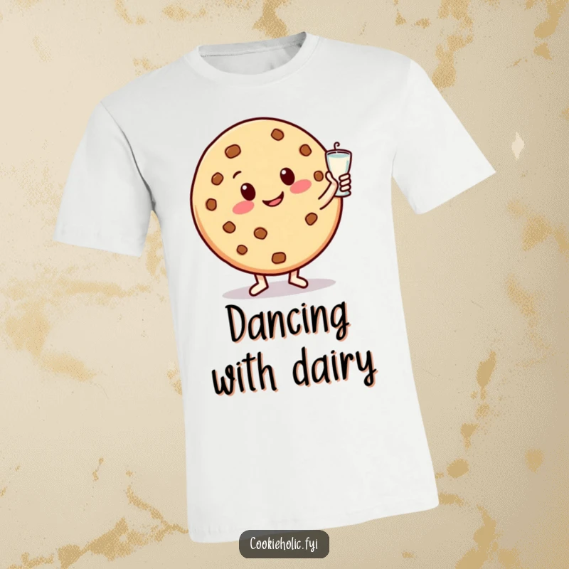 Funny t-shirt depicting a round, smiling cookie character dancing energetically with a glass of milk, celebrating sweet friendship and fun.
