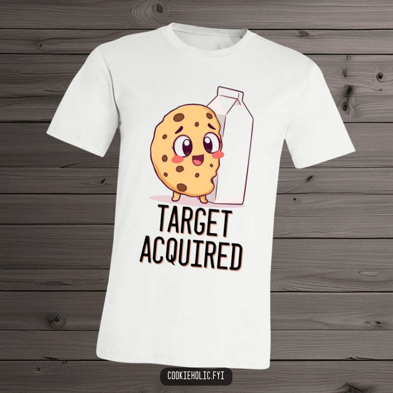 Funny T-Shirt: A cookie with comically large, excited eyes fixates on a towering milk carton, a funny moment of glee.