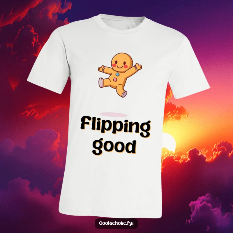 Funny t-shirt depicting a happy gingerbread man with frosting buttons performing a joyful cartwheel mid-air, full of festive energy.