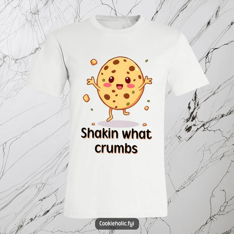 Funny t-shirt featuring a cookie character doing a lively, silly jig with a shower of crumbs flying.