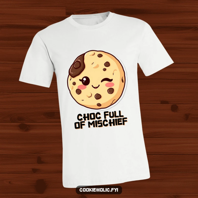 Funny graphic t-shirt with a kawaii chocolate chip cookie character giving a cheeky wink, sporting a chocolate smudge.