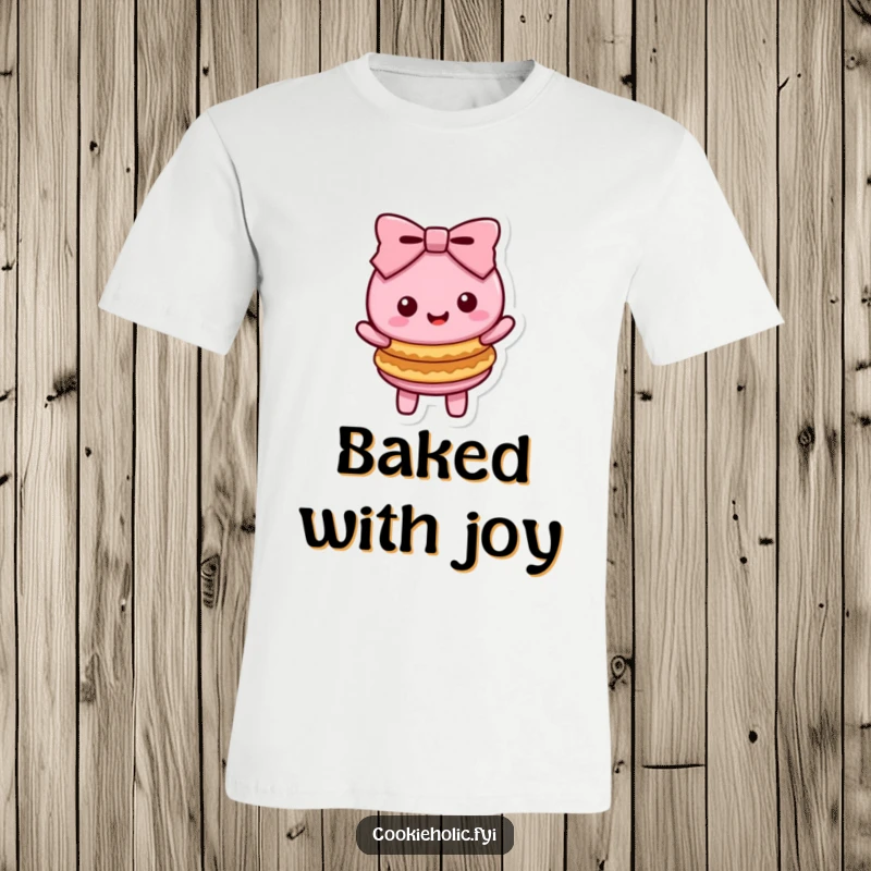 Funny Kawaii macaron character doing a happy bow with two stacked cookies, a sweet and charming graphic tee.
