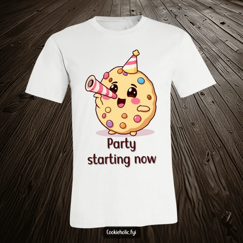 Funny cookie with candy decorations blowing a party horn in energetic pose on a comfortable t-shirt.