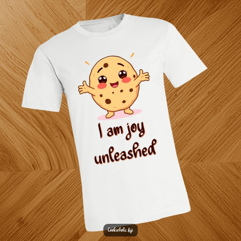 Funny T-Shirt featuring a cookie striking a ridiculously silly pose with arms outstretched, radiating happiness.