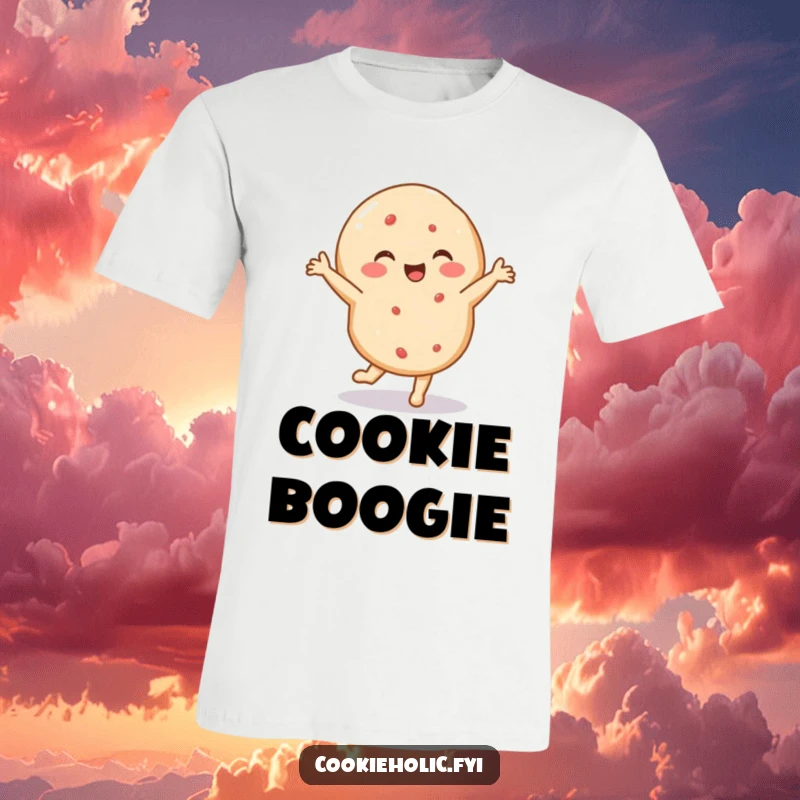 Funny t-shirt depicting a delighted sugar cookie performing a tiny, energetic dance, full of spirited movement and joy.