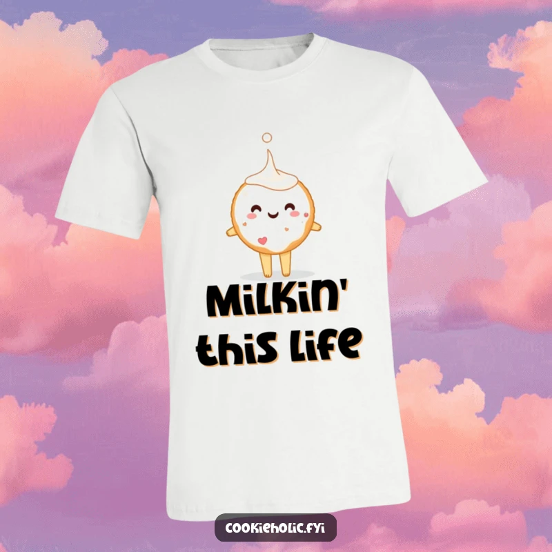 Funny sugar cookie character tiptoeing with a giant milk drop, showcasing a whimsical and humorous moment on a comfortable tee.