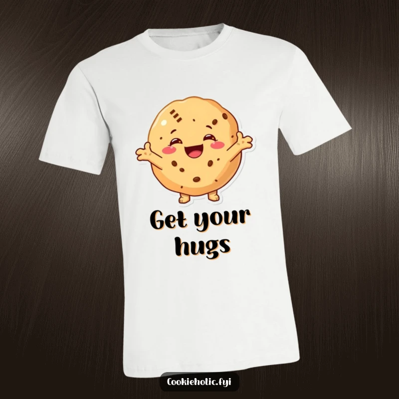 Funny t-shirt with a cookie character smiling wide and with arms outstretched, ready to give a loving and cheerful hug.