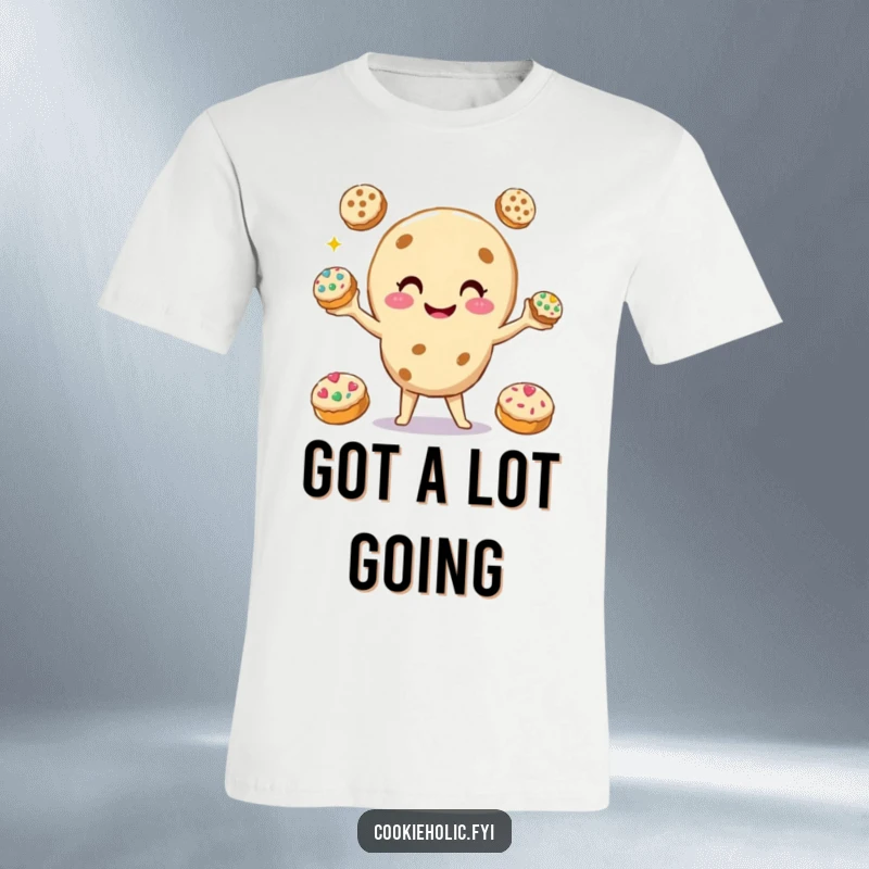 Funny T-Shirt with a smiling cookie character juggling three smaller, decorated cookies, embodying skillful multitasking and cheerful confidence.