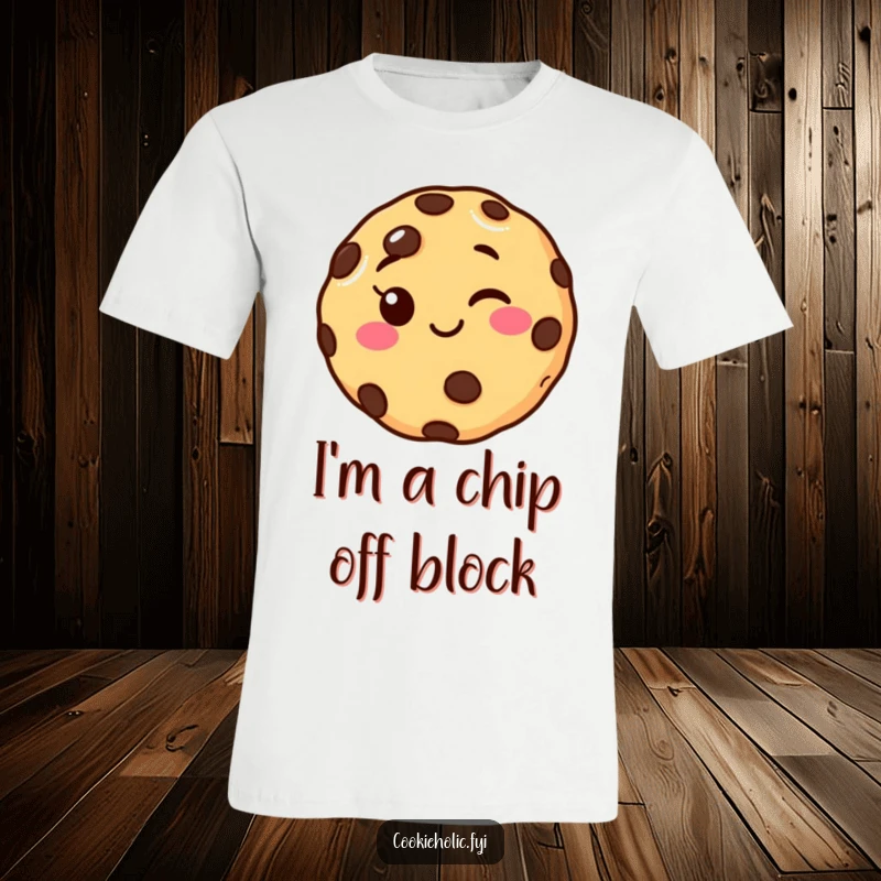 Funny winking chocolate chip cookie t-shirt, showcasing a playful smile and a mischievous wink, perfect for casual wear.