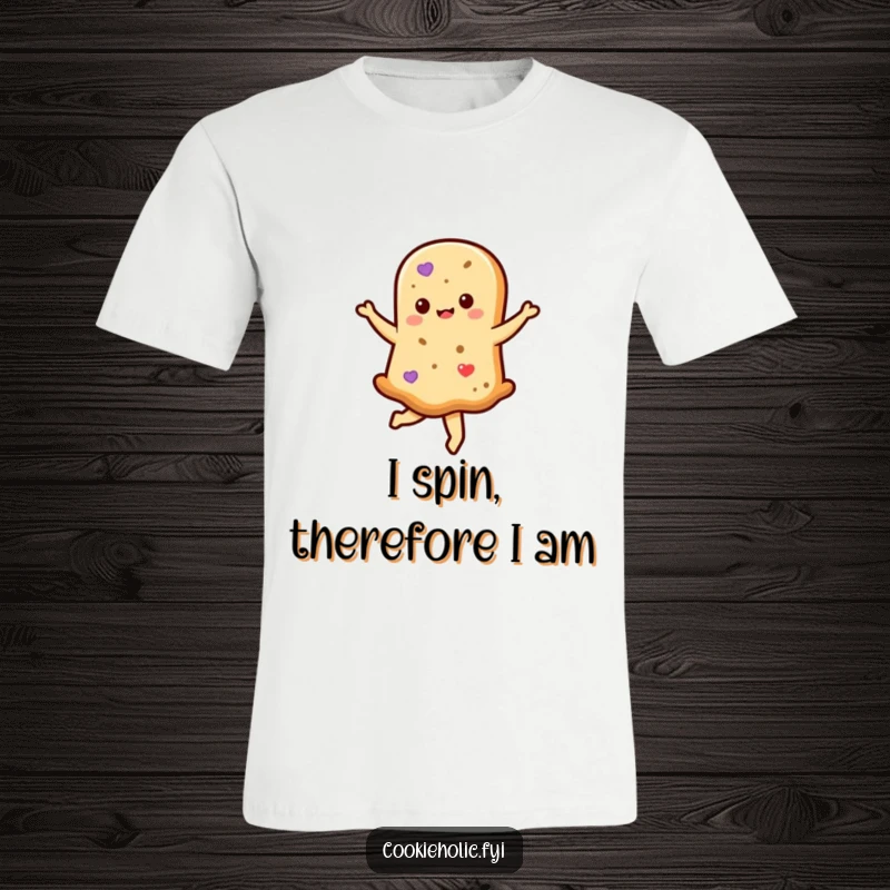 Funny kawaii shortbread cookie character in a graceful twirl, printed on a soft t-shirt, radiating sweet and humorous charm.