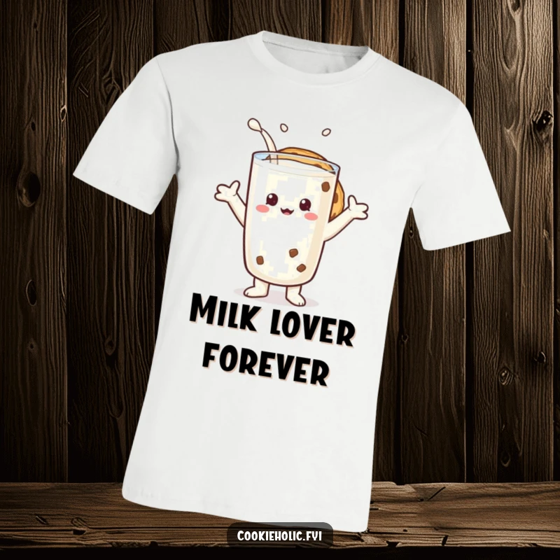 Funny t-shirt showcasing a cookie character joyfully embracing a large glass of milk with open arms.