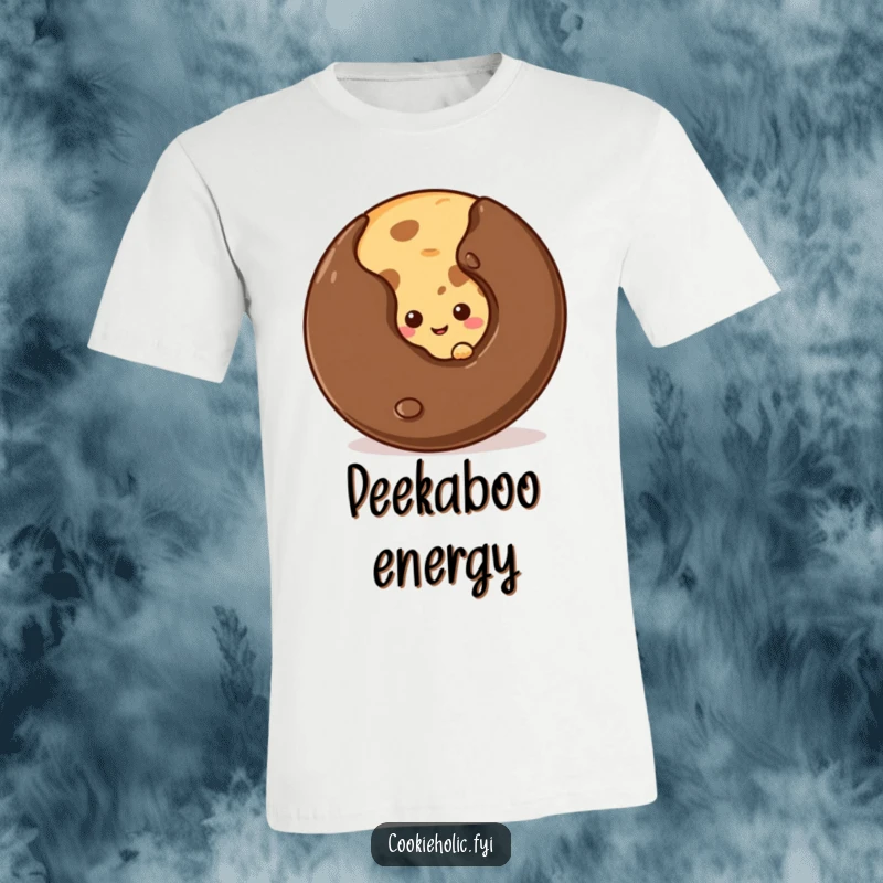 Funny shy cookie t-shirt, a cookie peeking cautiously from behind a gigantic chocolate chip, offering a timid smile.