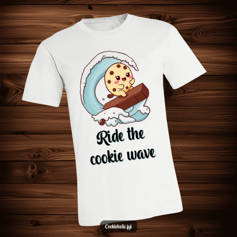 Funny Kawaii cookie character in mid-surf on a huge chocolate chip, looking ecstatic, a humorous wearable gift.