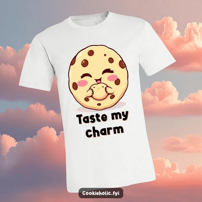 Funny t-shirt illustrating a cookie character winking and offering a delectable, perfect bite with a mischievous grin.