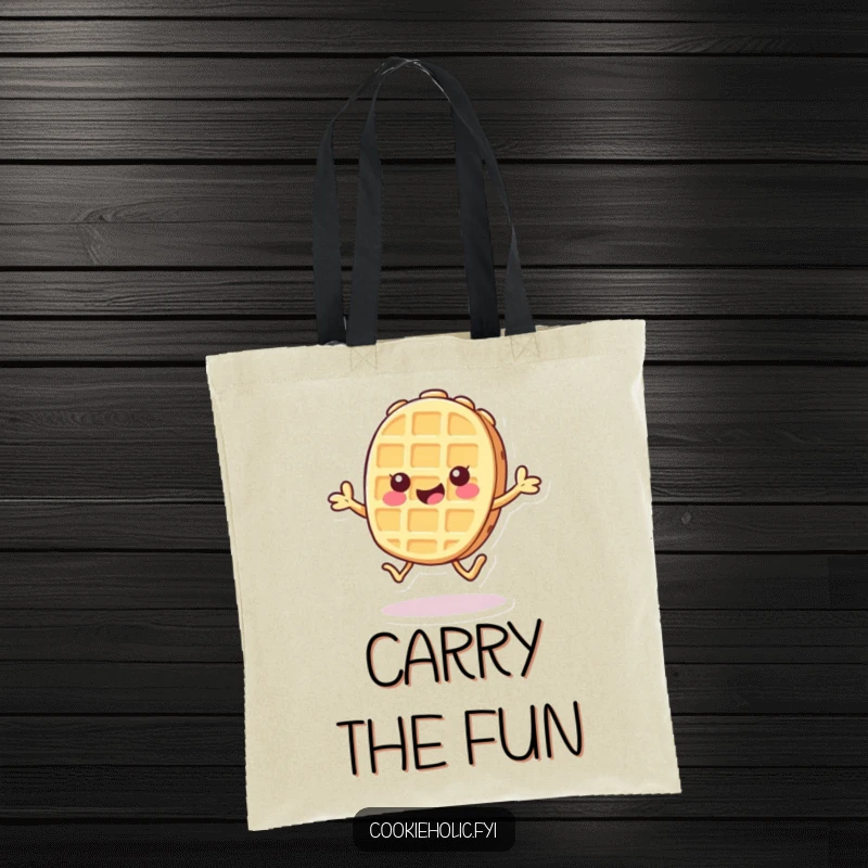 Funny tote bag with a Kawaii waffle cookie character doing a cheerful hop, perfect for stylish and happy outings.