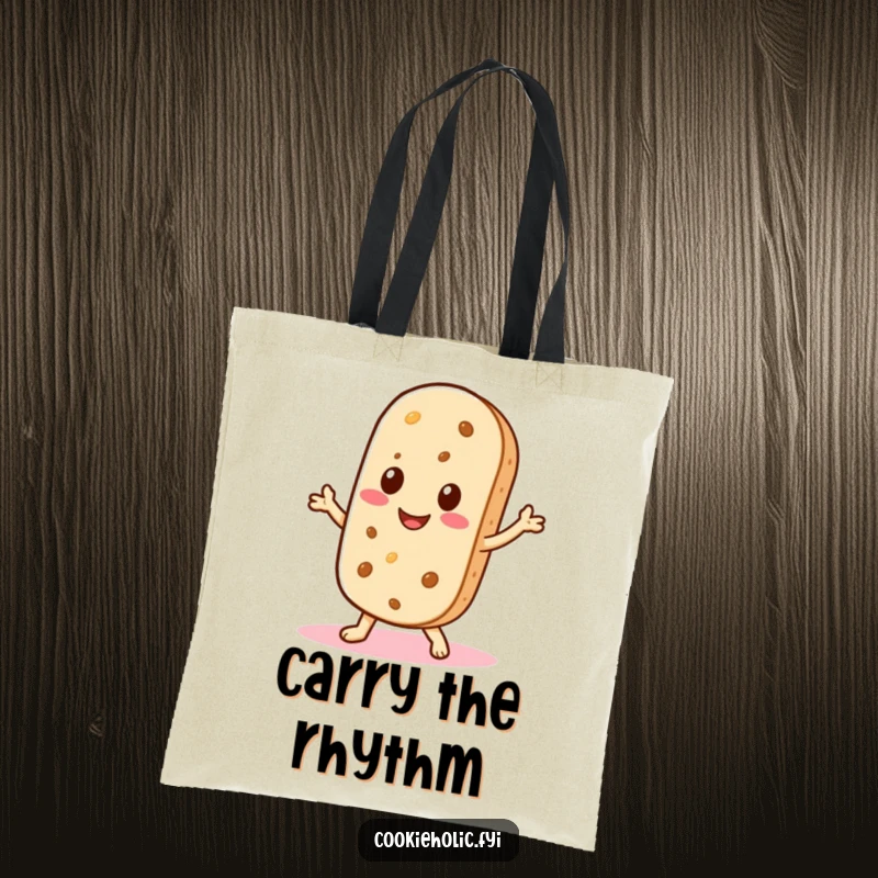 Funny tote bag with a Kawaii wafer cookie character smiling and doing a little shimmy, perfect for stylish and fun outings.