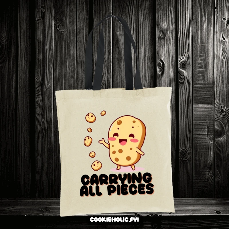 Funny Tote Bag: A Kawaii cookie character joyfully juggles cookie bits, making a statement about handling everything.