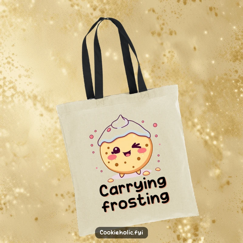 Funny Tote Bag: A Kawaii cookie character winks playfully while scattering frosting, adding a fun element.