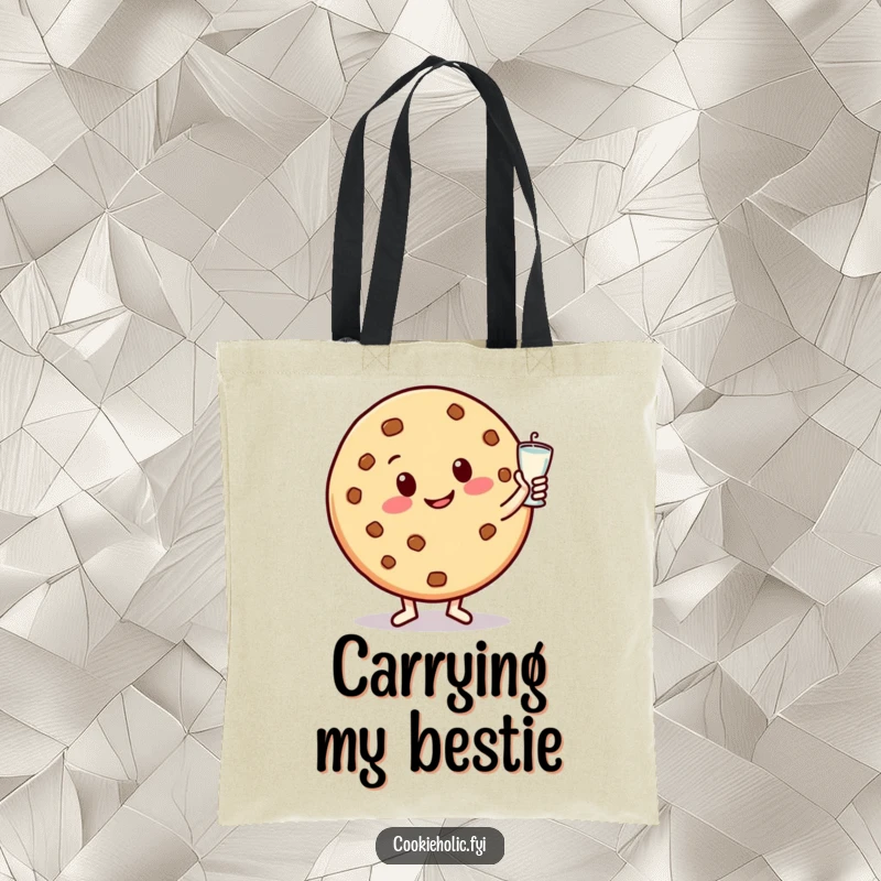 Funny tote bag featuring a happy cookie character with a big smile, dancing with a milk glass, perfect for carrying essentials with sweet humor.