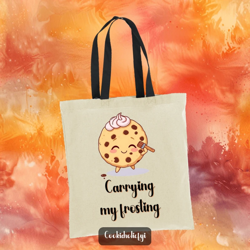 Funny tote bag illustrating a cookie character tripping slightly but remaining cheerful, brushing off frosting.