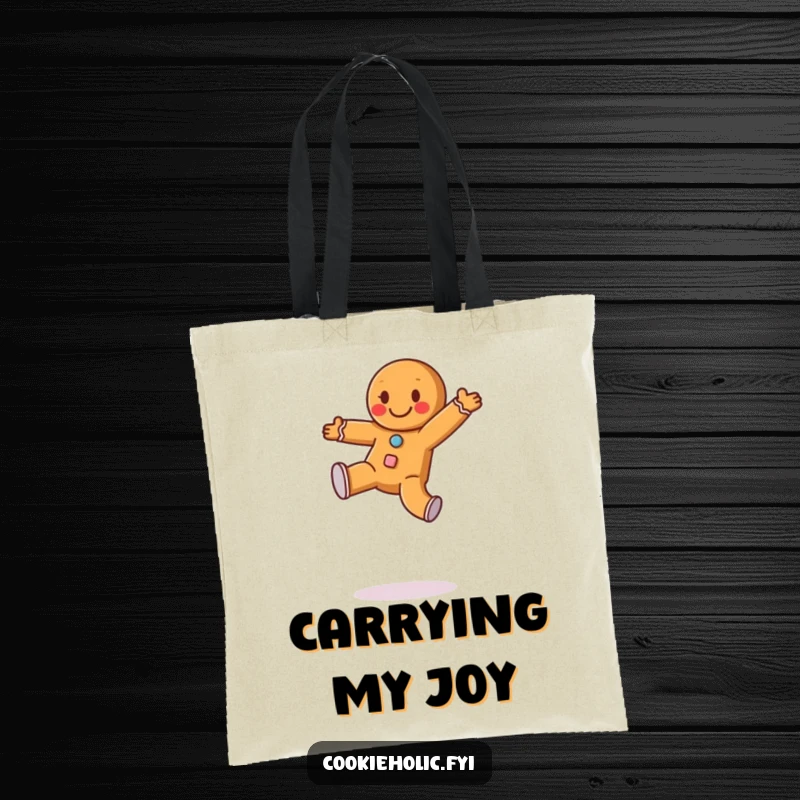 Funny tote bag with a happy gingerbread man with frosting buttons doing a cartwheel, perfect for carrying treats and holiday cheer.