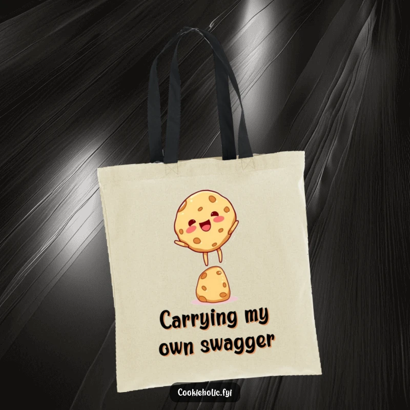 Funny cookie character tote bag, showing a cookie in a precarious yet delighted balancing pose, ready for errands.