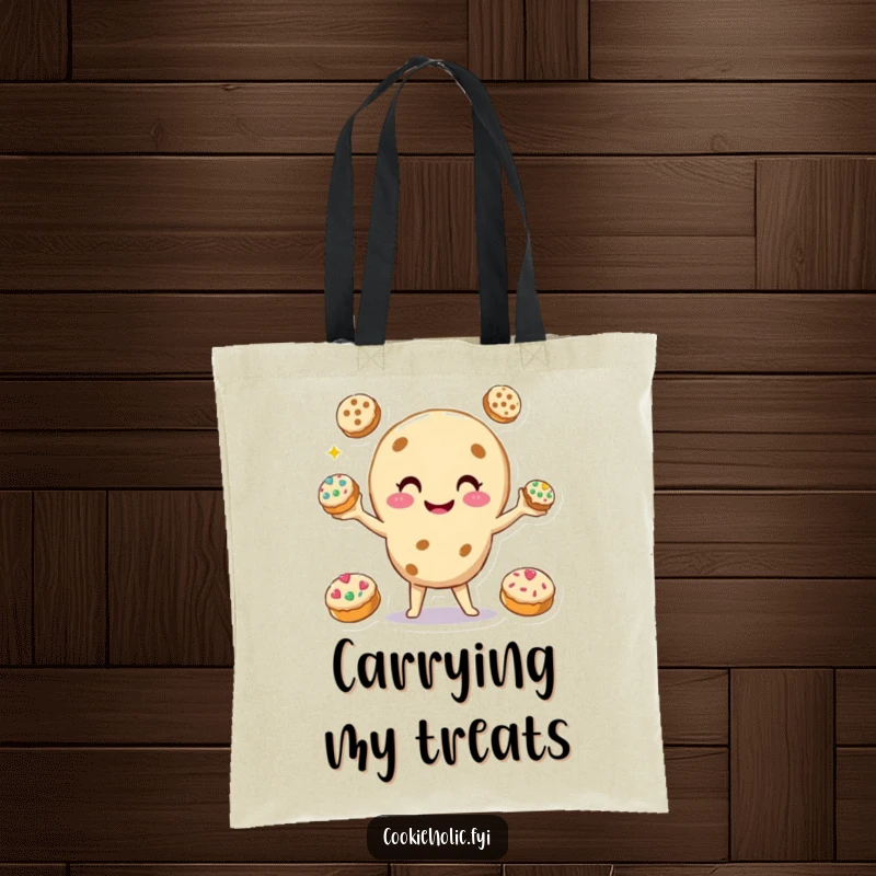 Funny Tote Bag featuring a smiling cookie character juggling three smaller, decorated cookies, perfect for carrying items with skill.