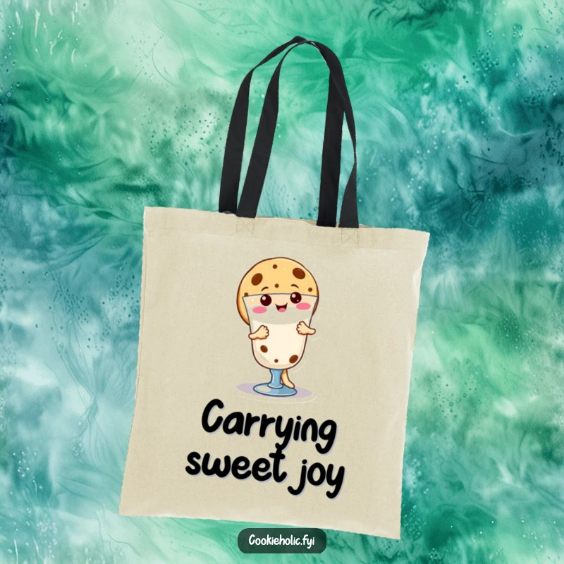 Funny happy kawaii cookie character dancing around milk, cute tote bag for treat lovers, practical and funny gift.