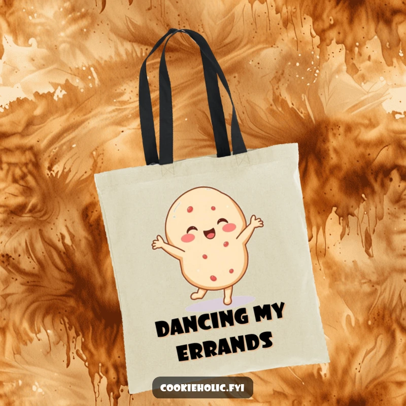 Funny tote bag with a delighted sugar cookie performing a tiny, energetic dance, perfect for shopping and everyday use.
