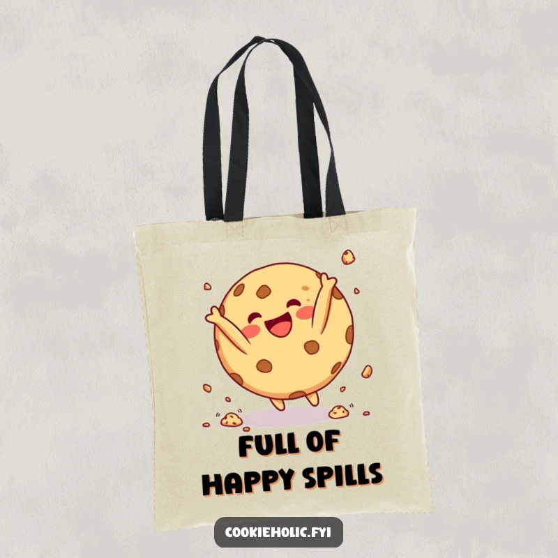 Funny Tote Bag featuring a round cookie character doing a happy somersault with crumbs flying, perfect for carrying treats and smiles.