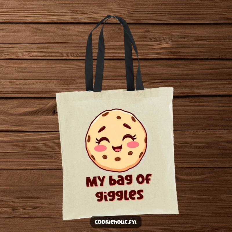 Funny tote bag illustrating a cookie character with a happy, messy face, caught in a delightful giggle.