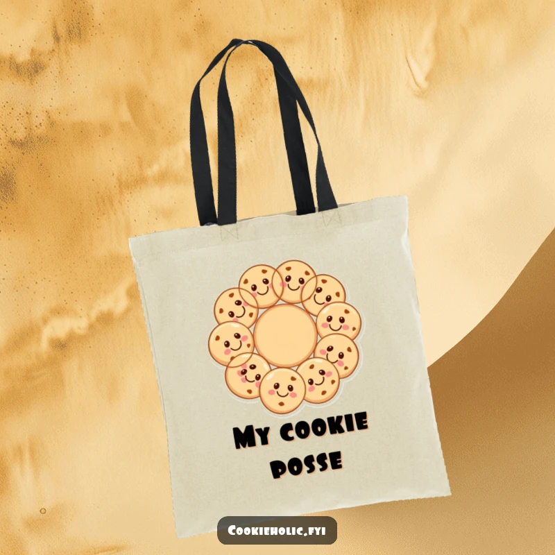 Funny cookie circle tote bag depicting smiling cookies forming a happy ring, perfect for carrying essentials.